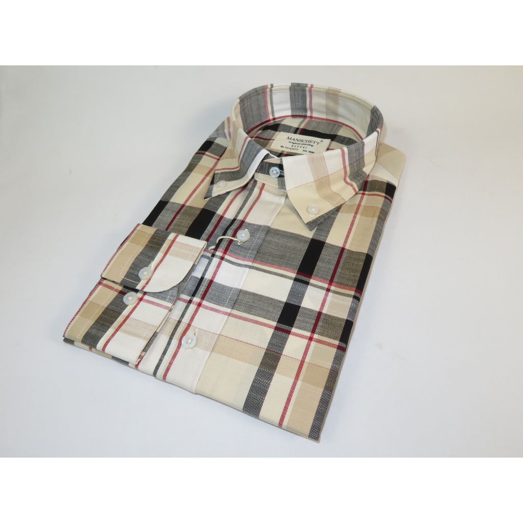 Mens 100% Cotton Shirt Manschett Turkey Slim Fit Oxford Button Down Collar 7033-13 Black/Tan Plaid