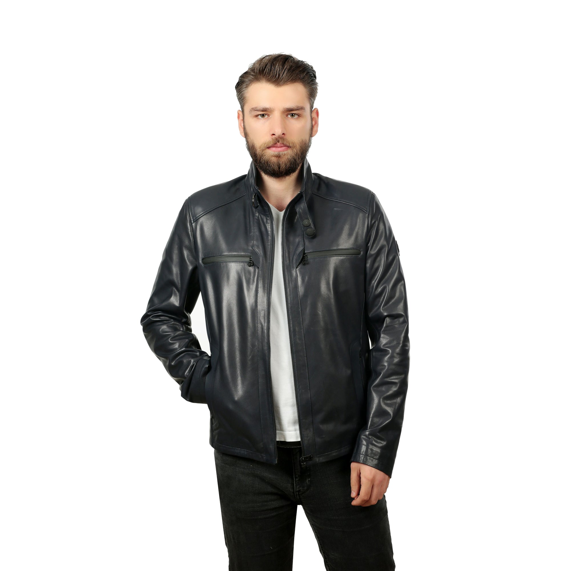 Vinci The Leroy Navy Blue Leather Men Jacket
