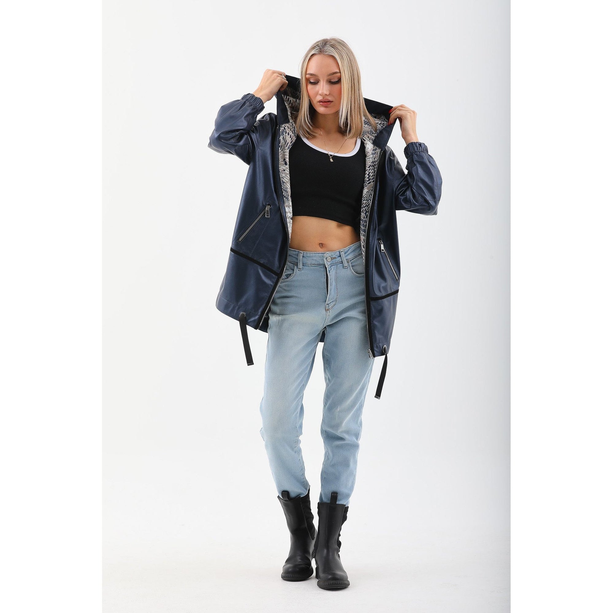 Vinci The Vega Navy Reversible Leather Women Jacket
