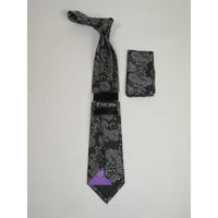 Men's Stacy Adams Tie and Hankie Set Woven Design #Stacy66 Black Silver