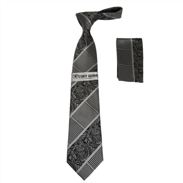 Men's Stacy Adams Tie and Hankie Set Woven Design #Stacy86 Black Silver