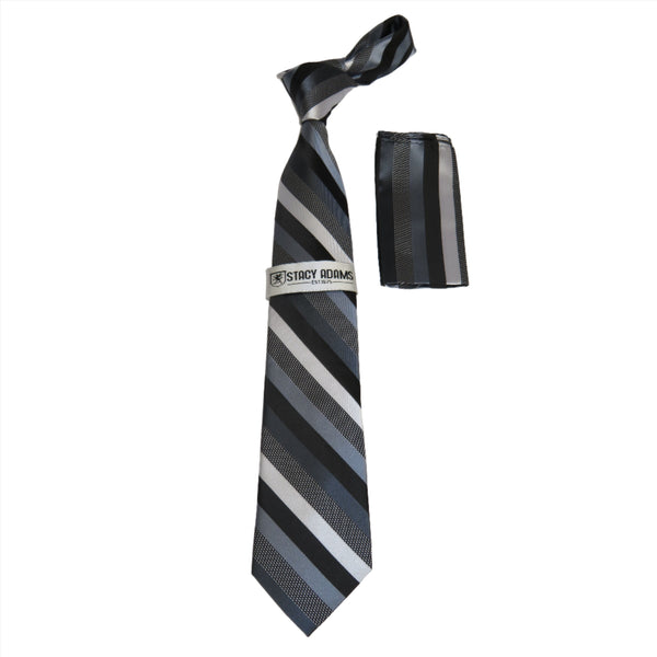 Men's Stacy Adams Tie and Hankie Set Woven Design #Stacy44 Black Silver