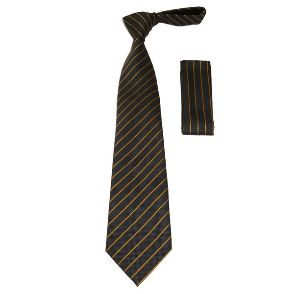 Men's 100% Silk Woven Tie Hankie Set J.Valintin Collection J15 Black Gold
