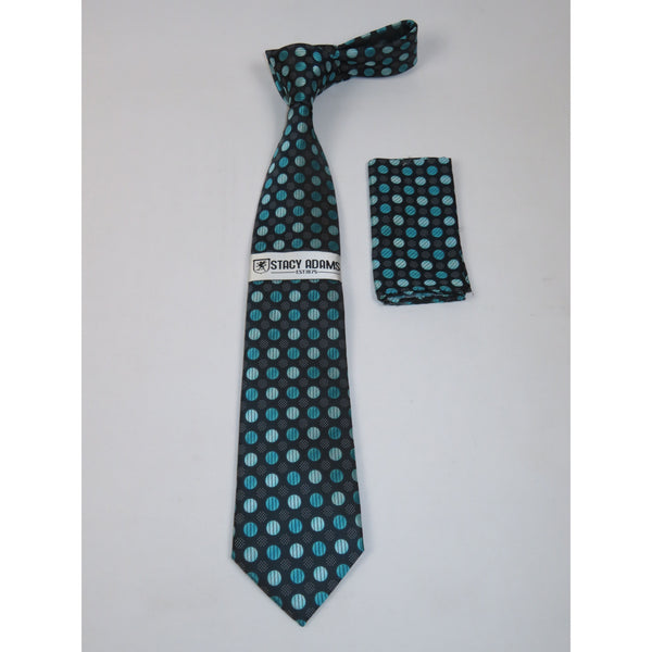 Men's Stacy Adams Tie and Hankie Set Woven Silky Fabric #Stacy1 Teal Polka