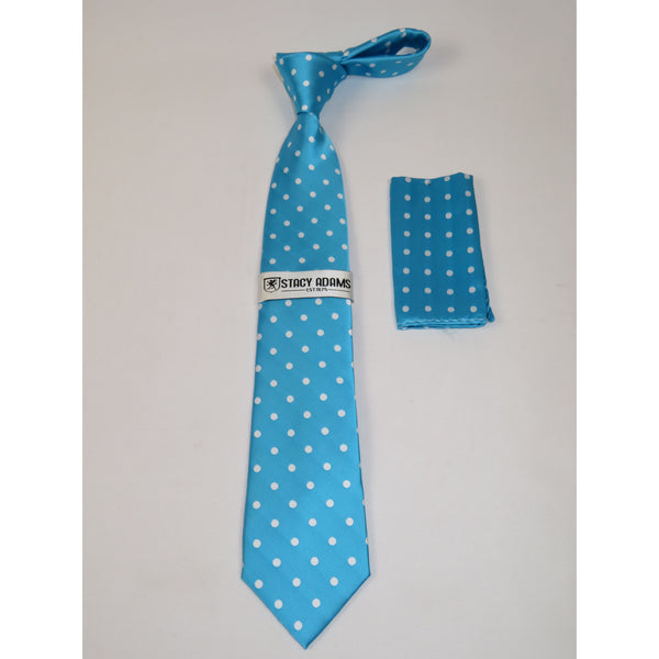 Men's Stacy Adams Tie and Hankie Set Woven Silky Fabric #Stacy8 Teal Polka