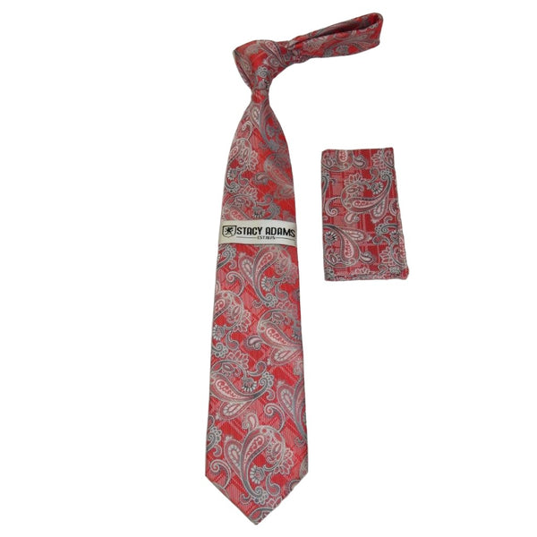Men's Stacy Adams Tie and Hankie Set Woven Silky #St407 Red Paisley