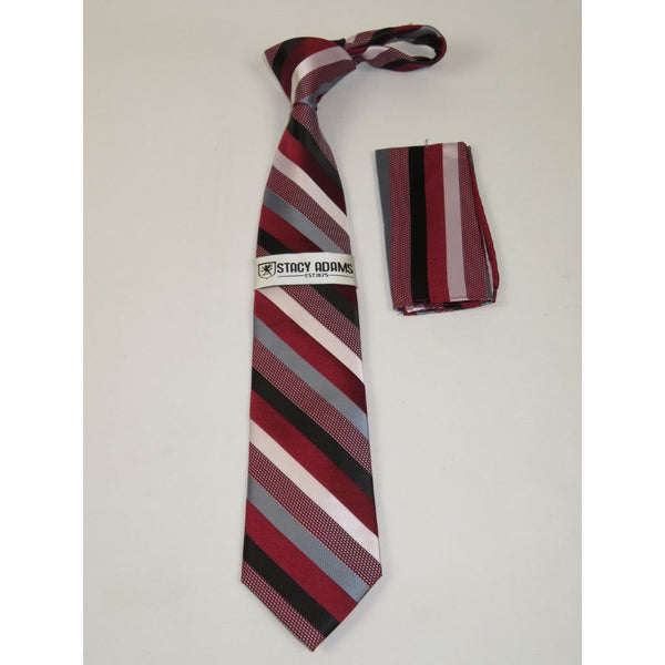 Men's Stacy Adams Tie and Hankie Set Woven Silky #Stacy39 Red Stripe
