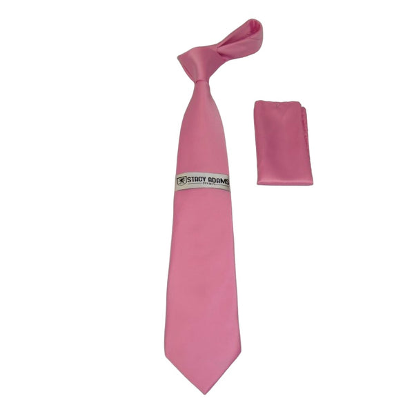 Men Stacy Adams Neck tie Hanky Set Business Formal Solid Color Satin S14 Pink