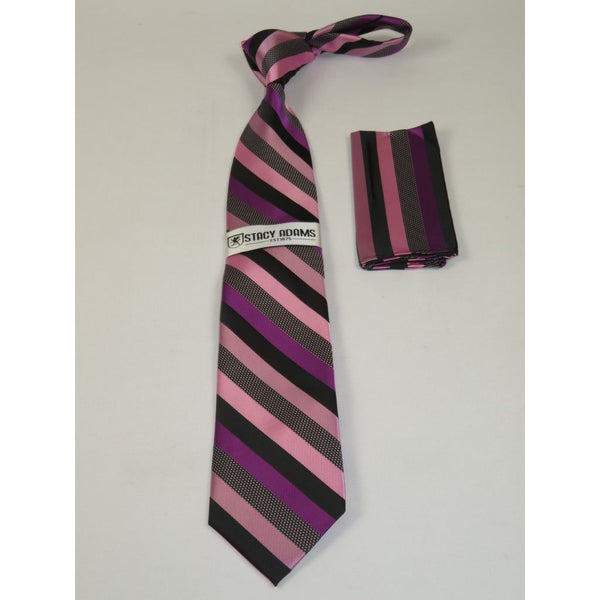 Men's Stacy Adams Tie and Hankie Set Woven Silky #Stacy42 Pink Stripe