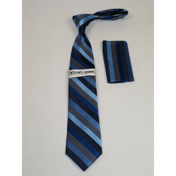 Men's Stacy Adams Tie and Hankie Set Woven Silky #Stacy40 Blue Stripe