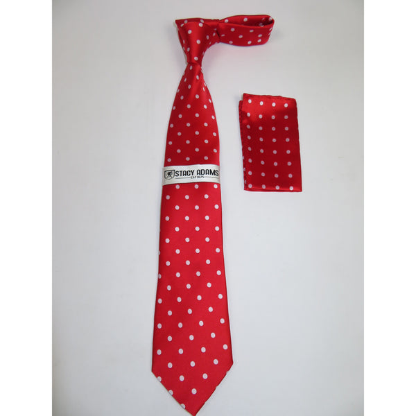 Men's Stacy Adams Tie and Hankie Set Woven Silky Fabric #St14 Red Polka