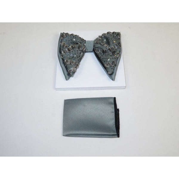 Mens Formal Bow Tie Hankie Insomnia Shiny Butterfly Shape MZE156 gray Sequins