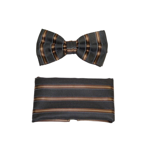 Men Bow Tie Hankie J.Valintin For Formal or Business #BT22 Gray Brown Stripe