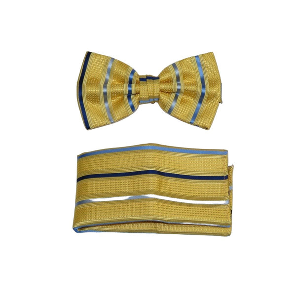 Men's Bow Tie Hankie J.Valintin Formal or Business #BT17 Gold Blue Stripe