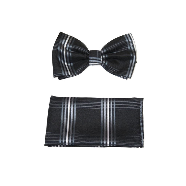 Men Bow Tie Hankie Set Formal Event Tuxedo, Business Suit #BT3 Black Striped