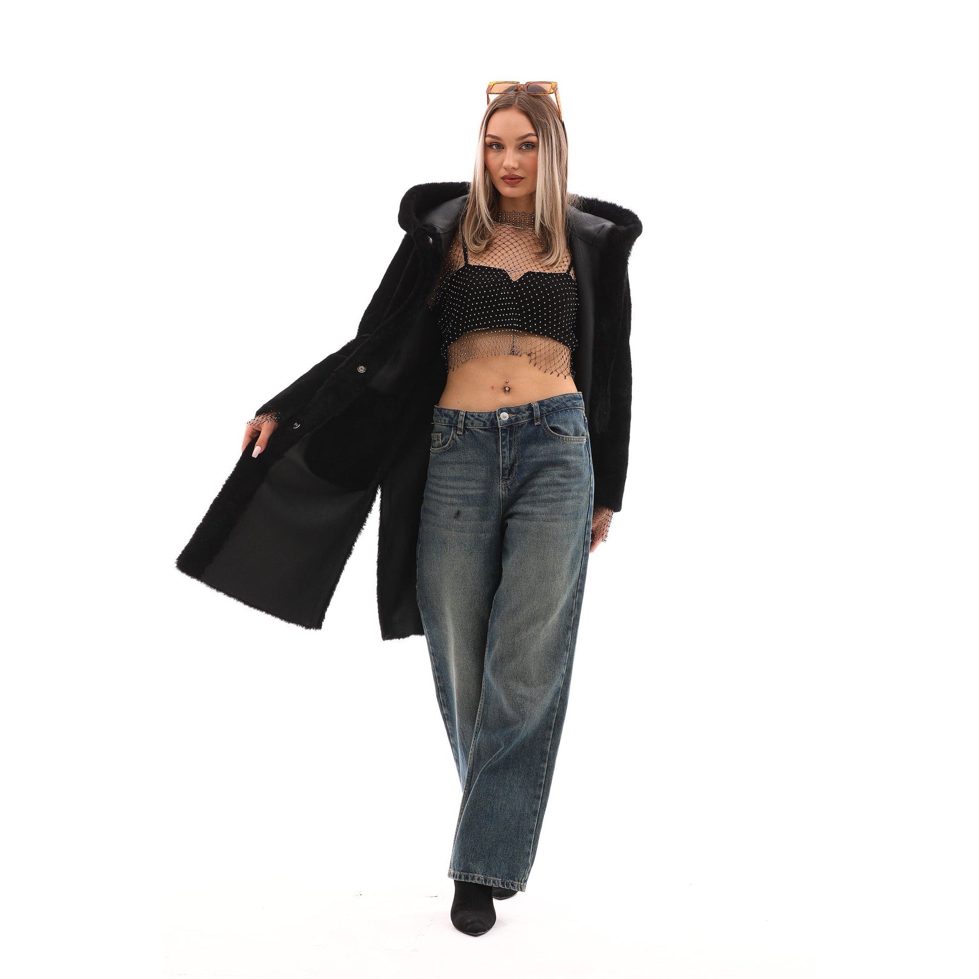 The VESARA Reversible Shearling Women Leather Coat Jet Black