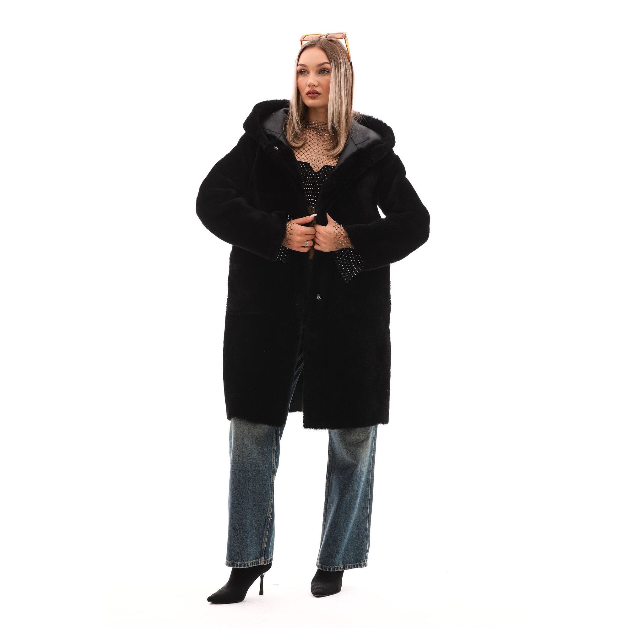 The VESARA Reversible Shearling Women Leather Coat Jet Black