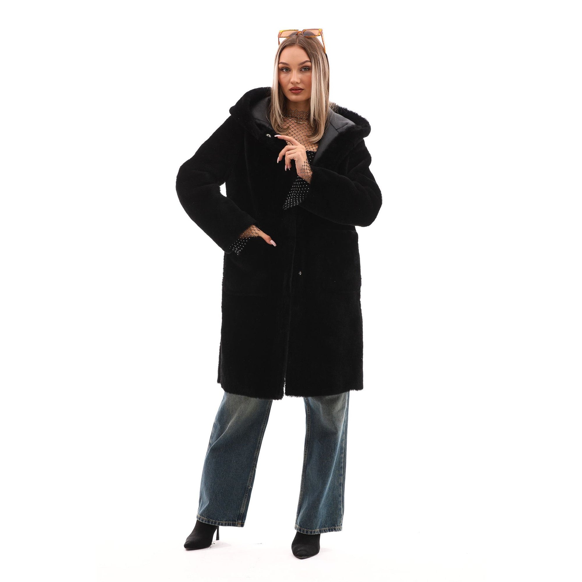 The VESARA Reversible Shearling Women Leather Coat Jet Black
