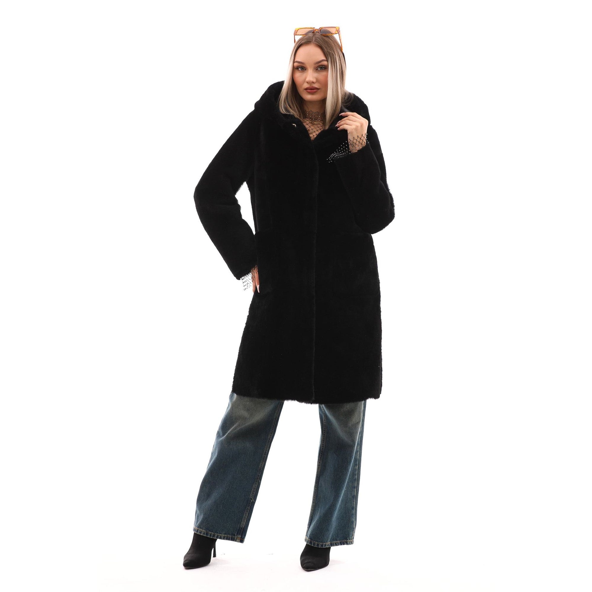 The VESARA Reversible Shearling Women Leather Coat Jet Black