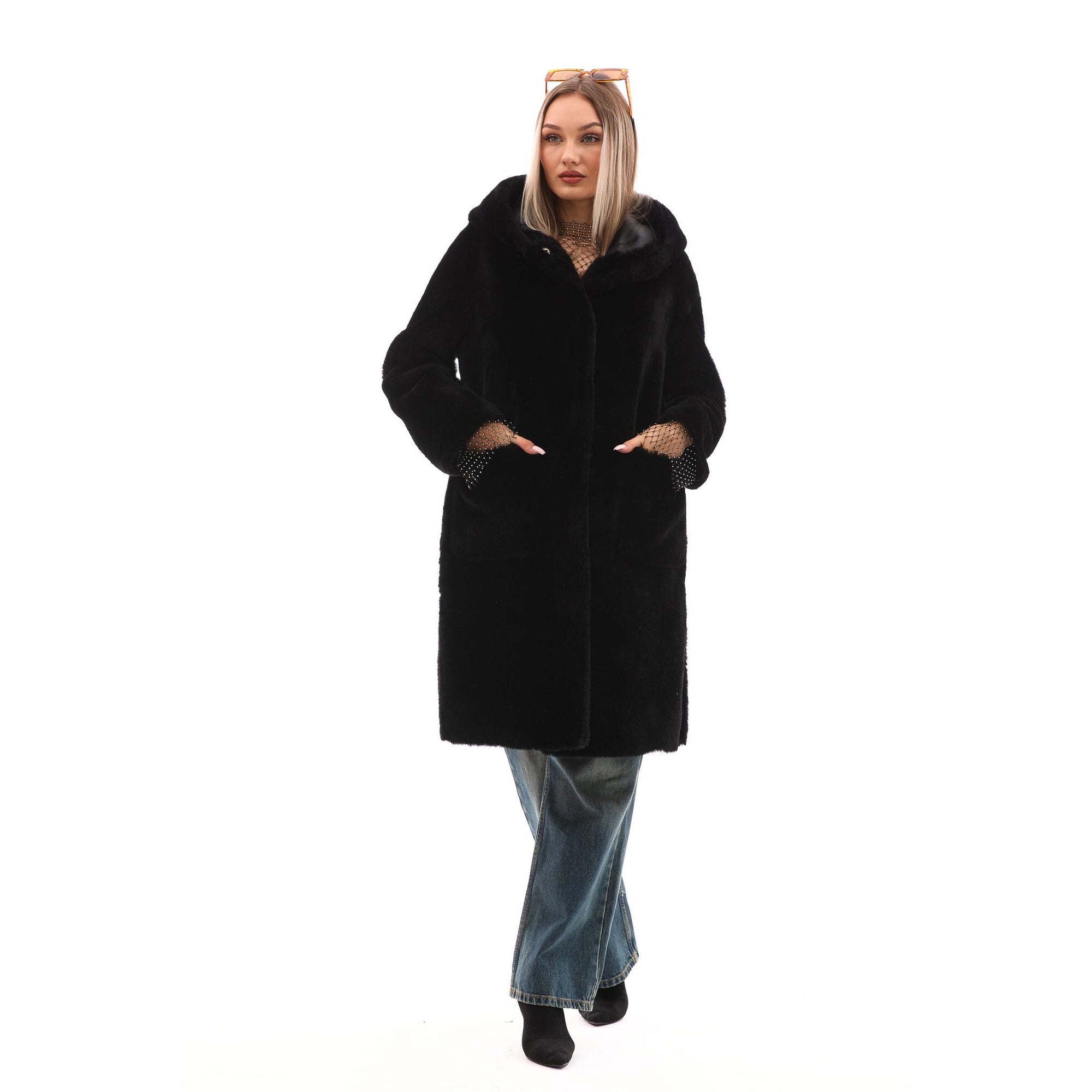 The VESARA Reversible Shearling Women Leather Coat Jet Black