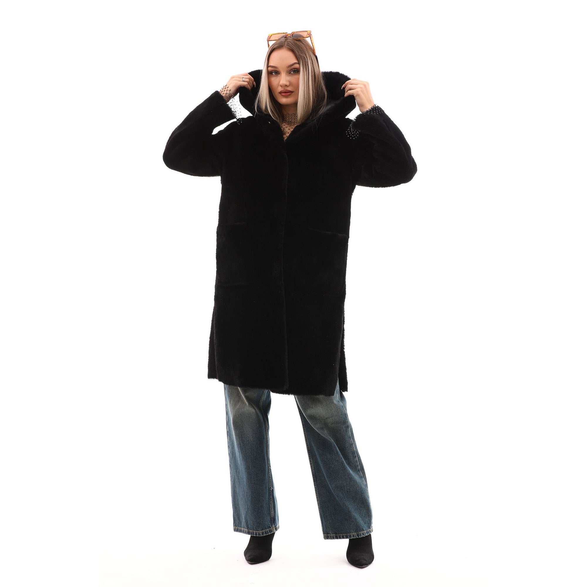 The VESARA Reversible Shearling Women Leather Coat Jet Black