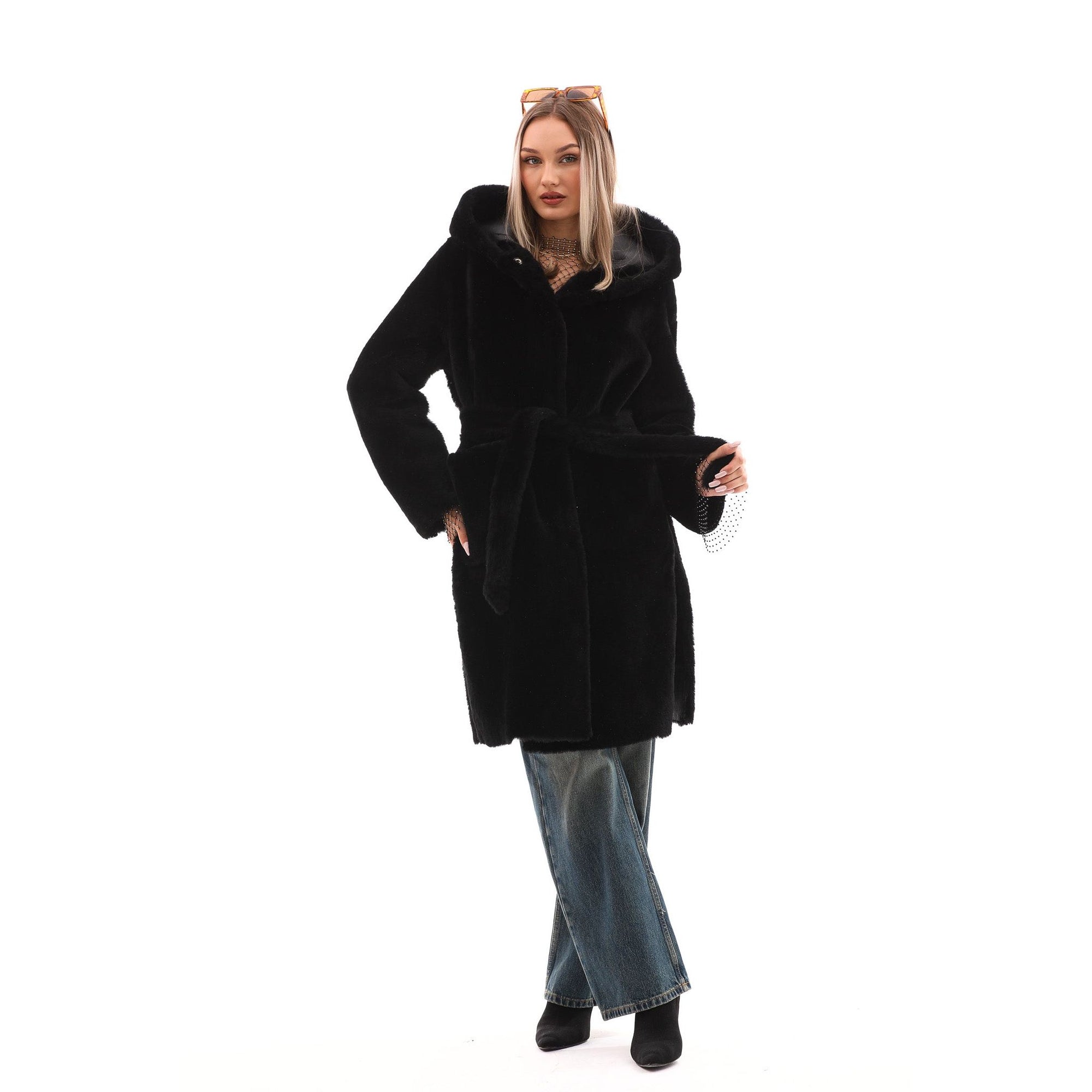 The VESARA Reversible Shearling Women Leather Coat Jet Black
