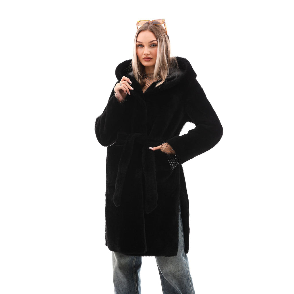 The VESARA Reversible Shearling Women Leather Coat Jet Black