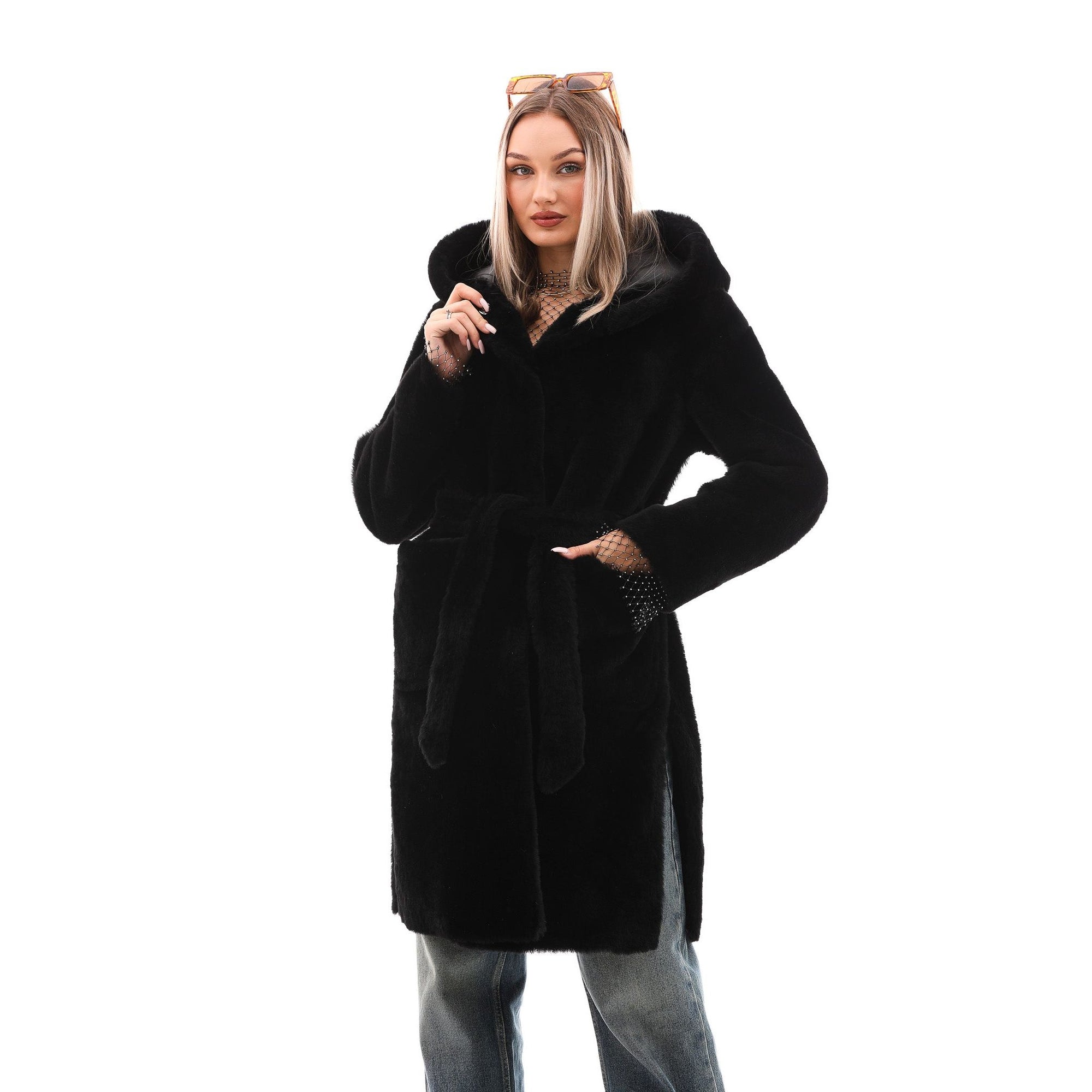 The VESARA Reversible Shearling Women Leather Coat Jet Black