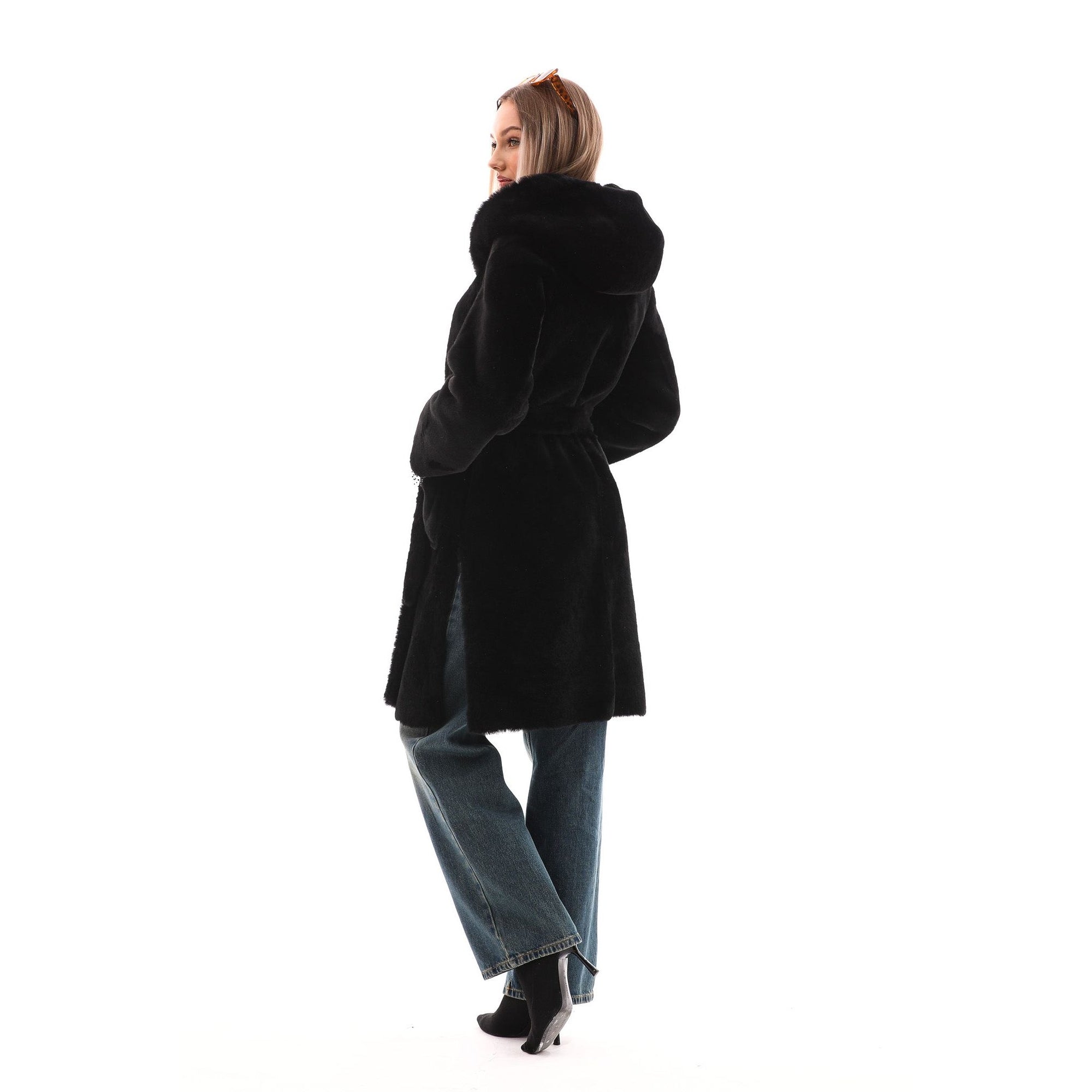 The VESARA Reversible Shearling Women Leather Coat Jet Black