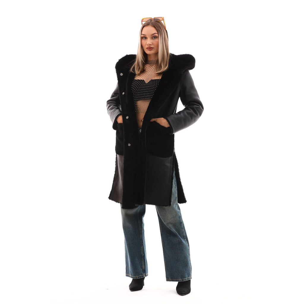 The VESARA Reversible Shearling Women Leather Coat Jet Black