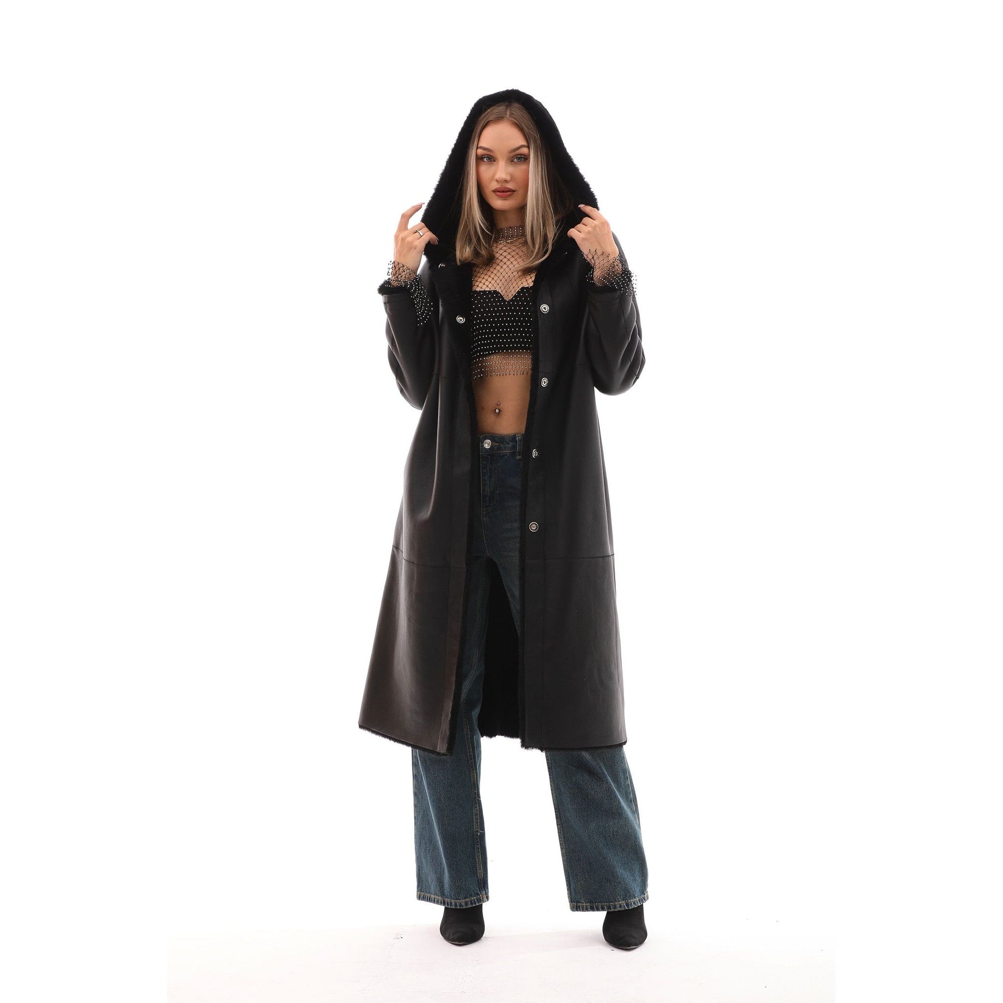 The Virella Reversible Hooded Shearling Leather Jacket
