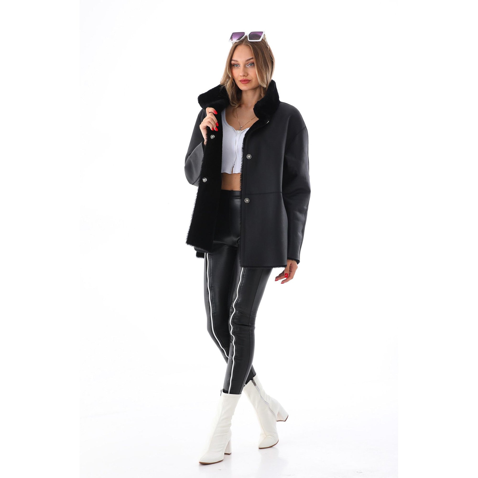 The Luxera Reversible Black Shearling Women Leather Jacket
