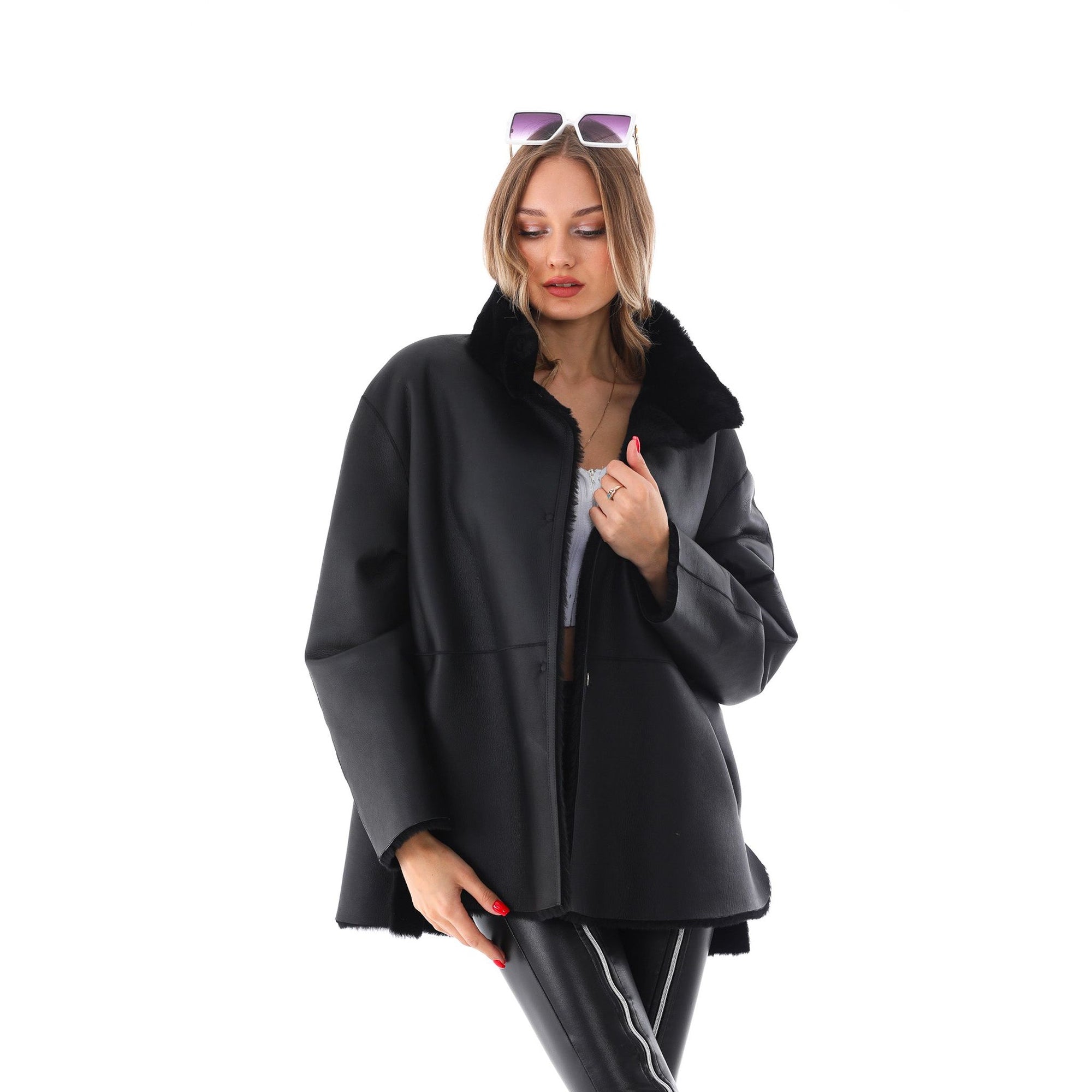 The Luxera Reversible Black Shearling Women Leather Jacket