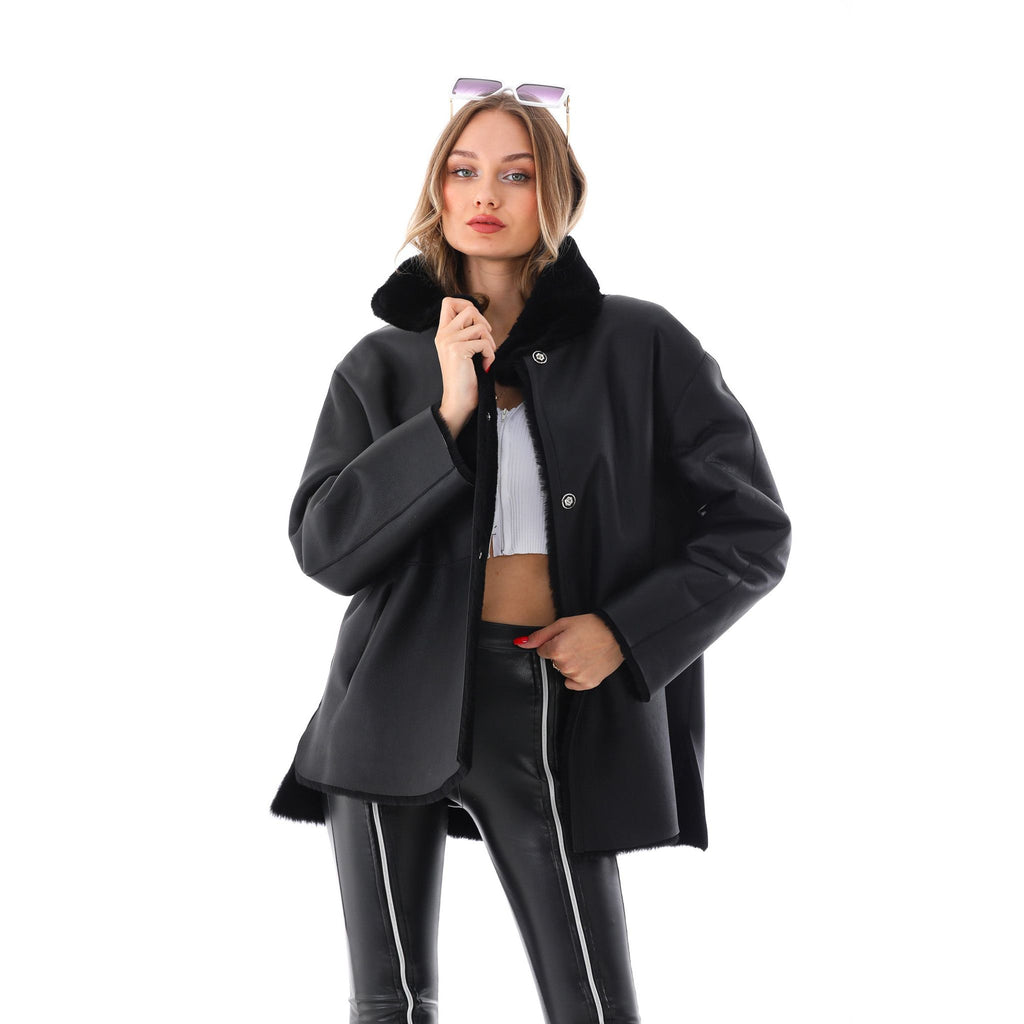 The Luxera Reversible Black Shearling Women Leather Jacket