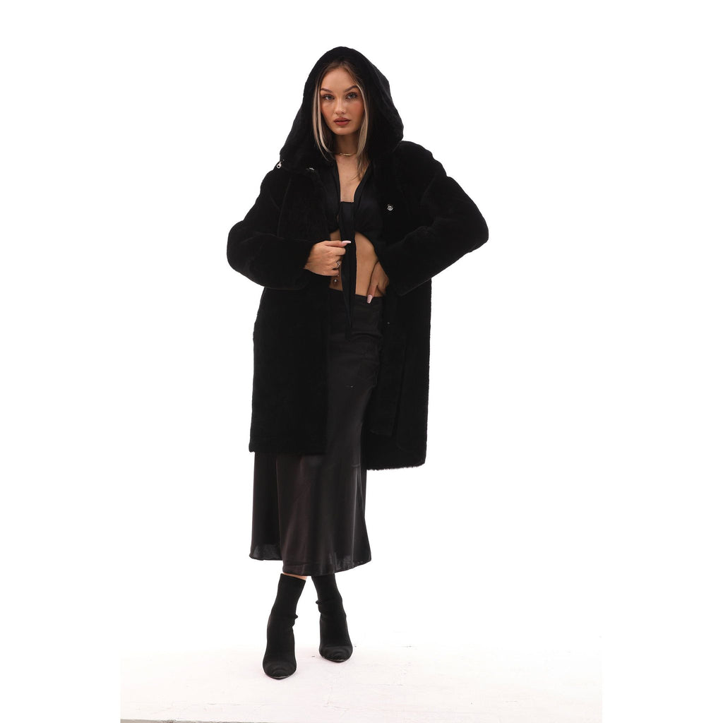 The Noctura Reversible Hooded Shearling Leather Jacket Black