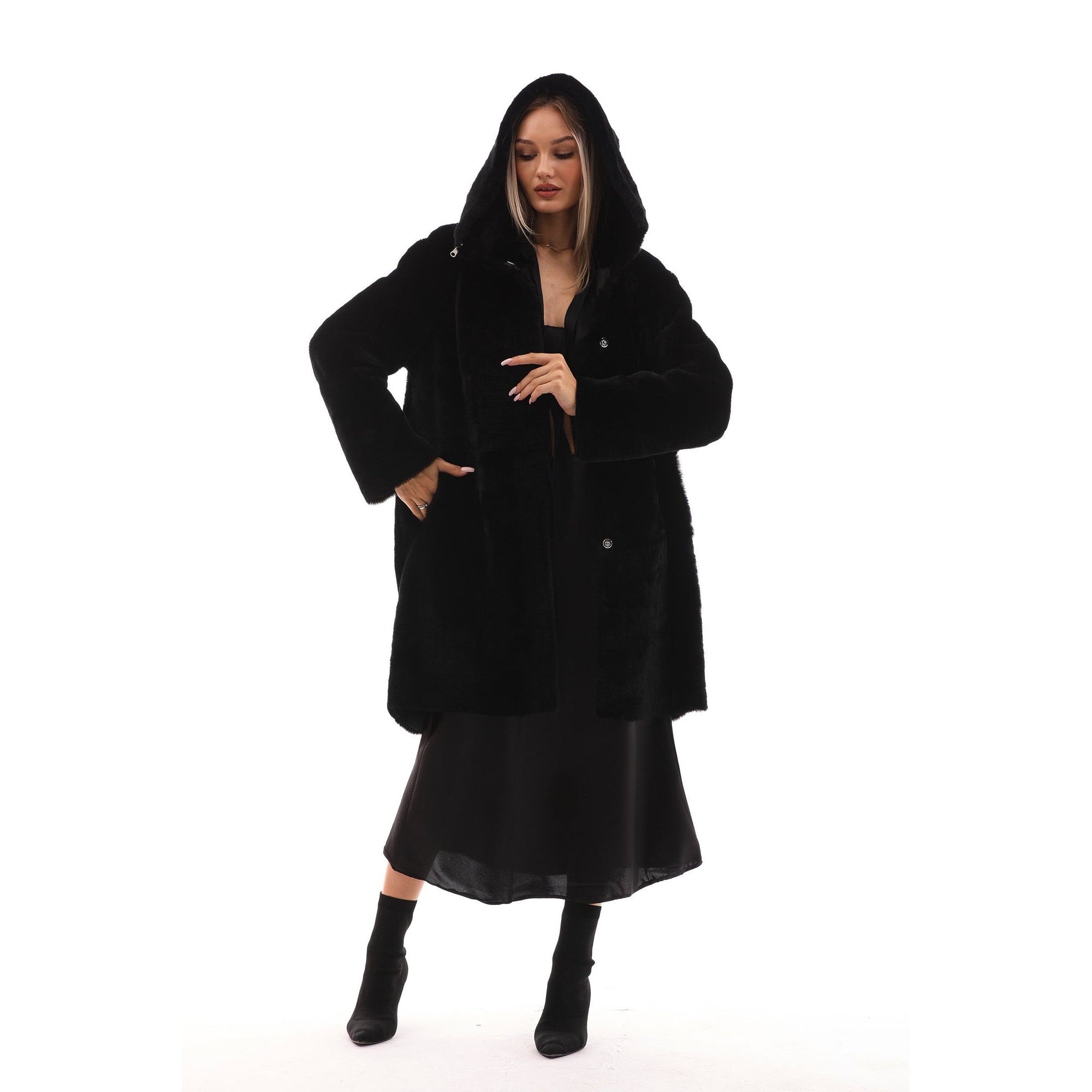 The Noctura Reversible Hooded Shearling Leather Jacket Black