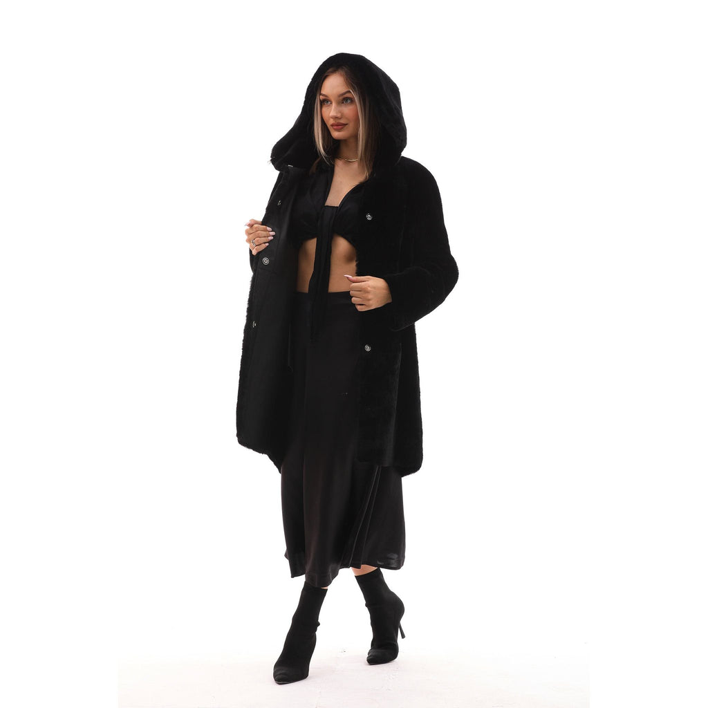 The Noctura Reversible Hooded Shearling Leather Jacket Black