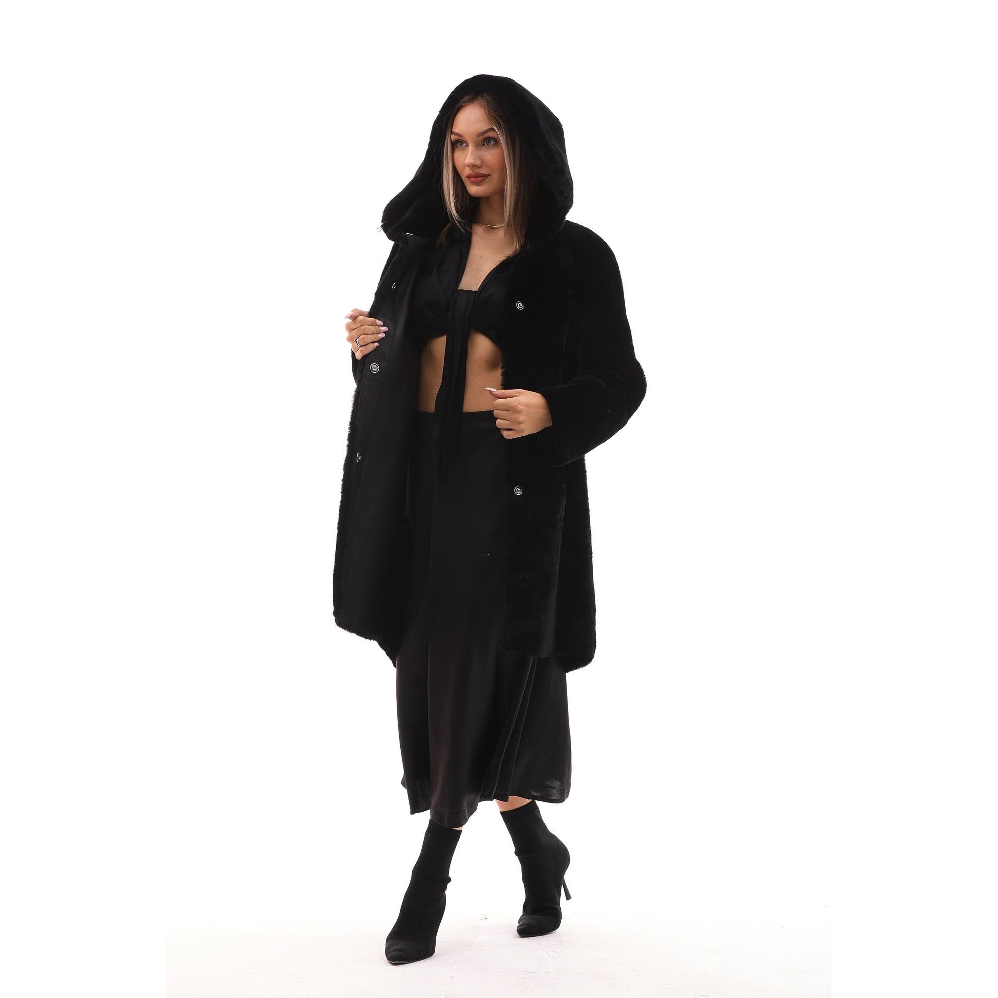 The Noctura Reversible Hooded Shearling Leather Jacket Black