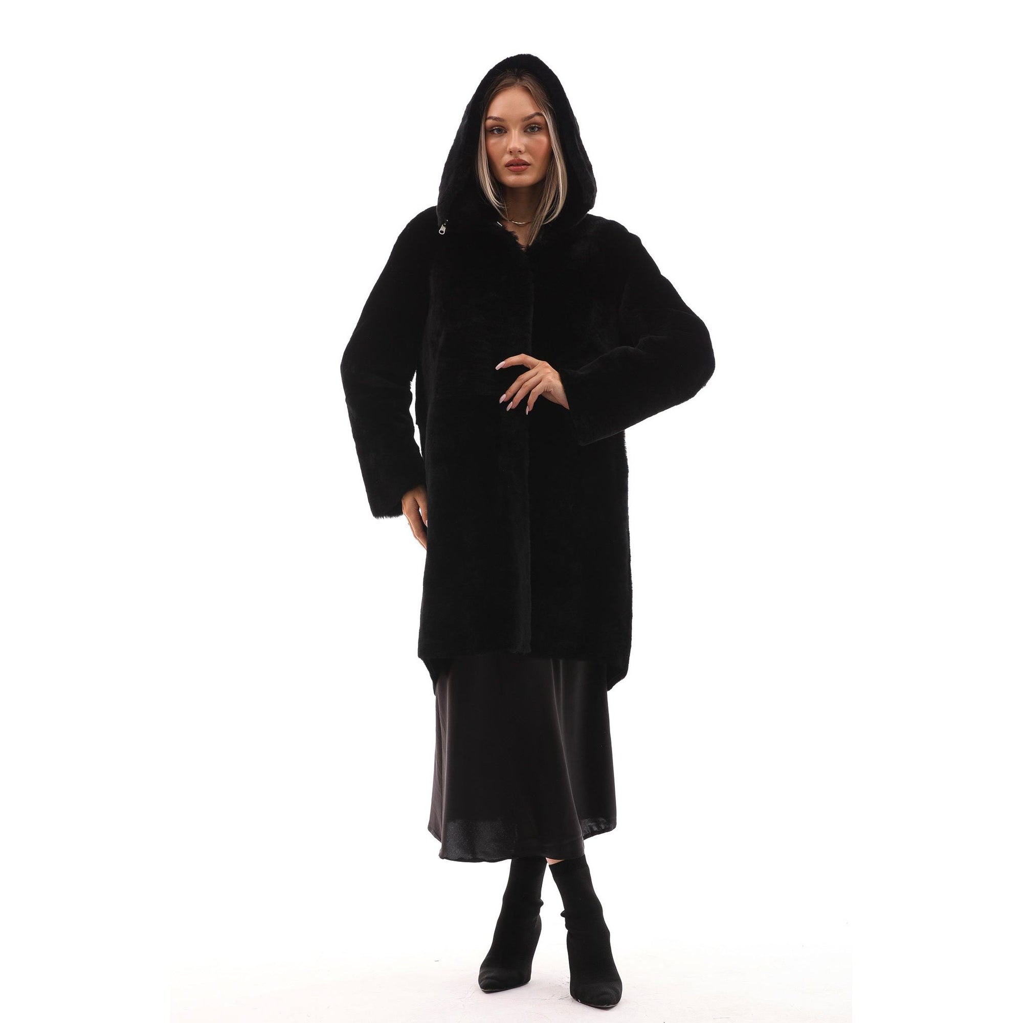 The Noctura Reversible Hooded Shearling Leather Jacket Black