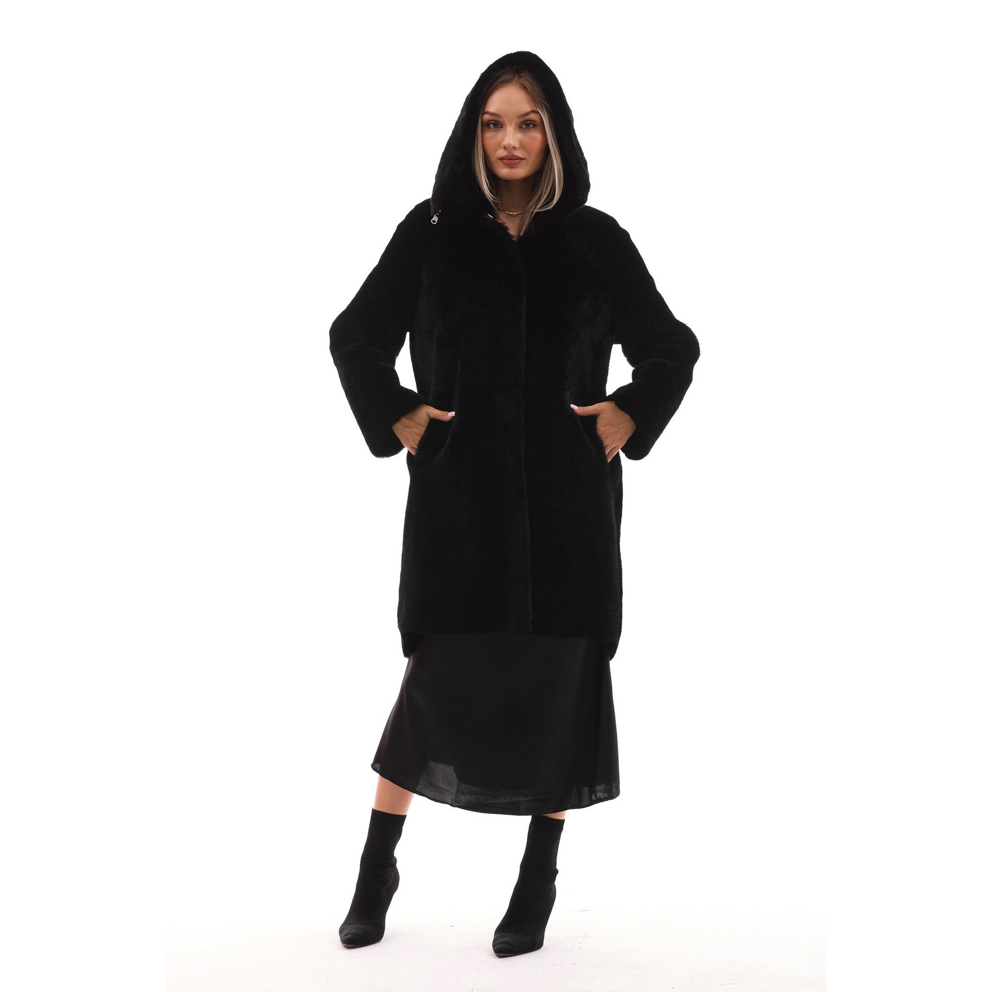 The Noctura Reversible Hooded Shearling Leather Jacket Black