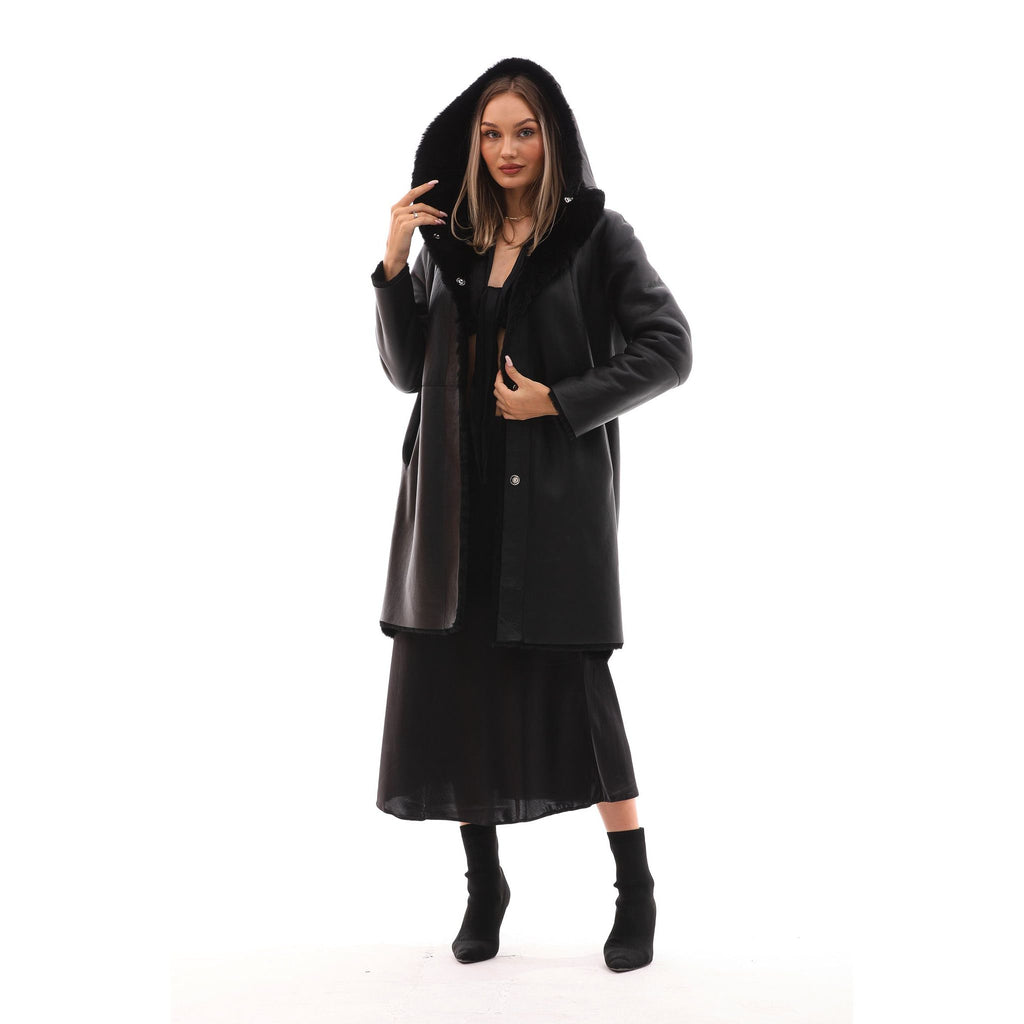 The Noctura Reversible Hooded Shearling Leather Jacket Black