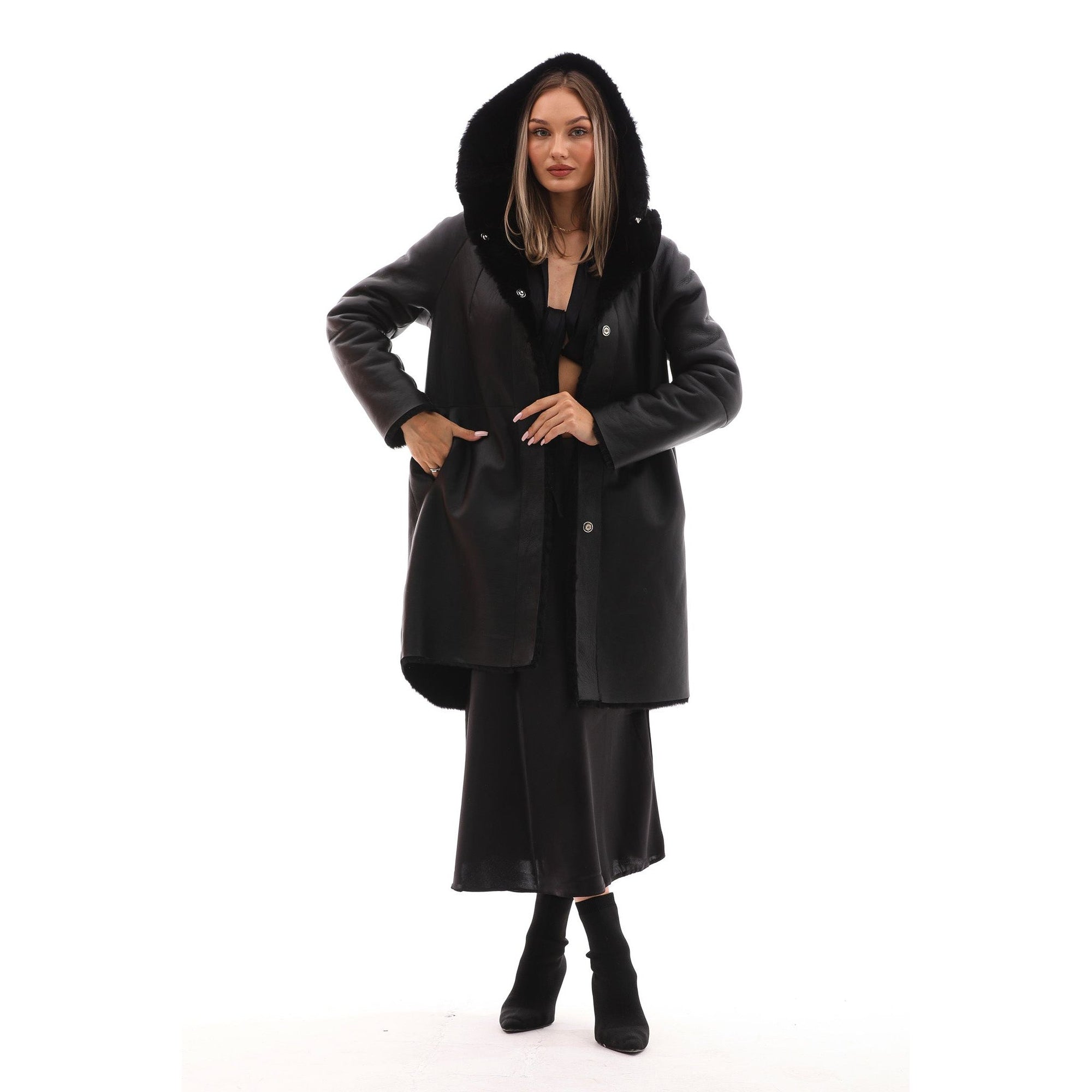 The Noctura Reversible Hooded Shearling Leather Jacket Black