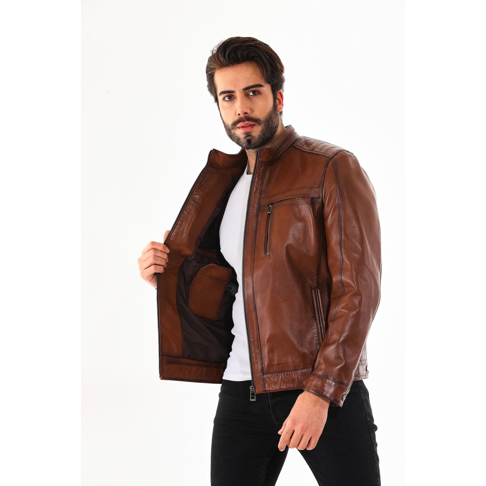 The Rossi Cognac Brown Leather Men Jacket