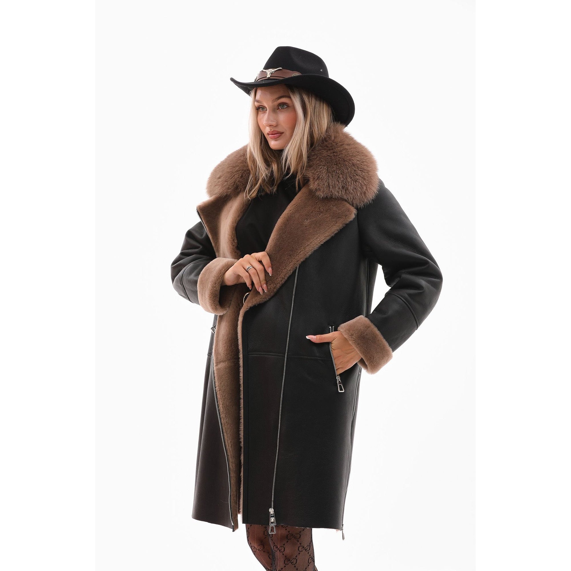 Vinci The Onyx Caramel Shearling & Fox Fur Leather Women Jacket