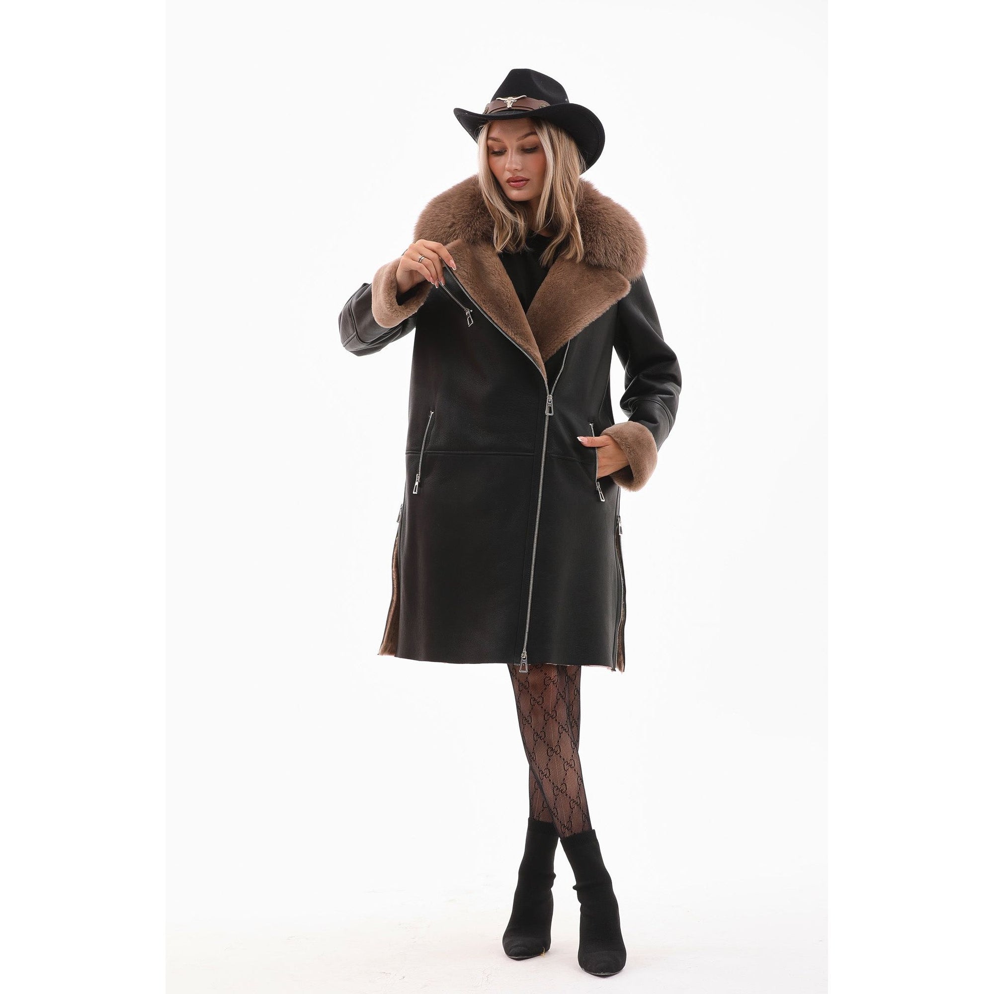 Vinci The Onyx Caramel Shearling & Fox Fur Leather Women Jacket