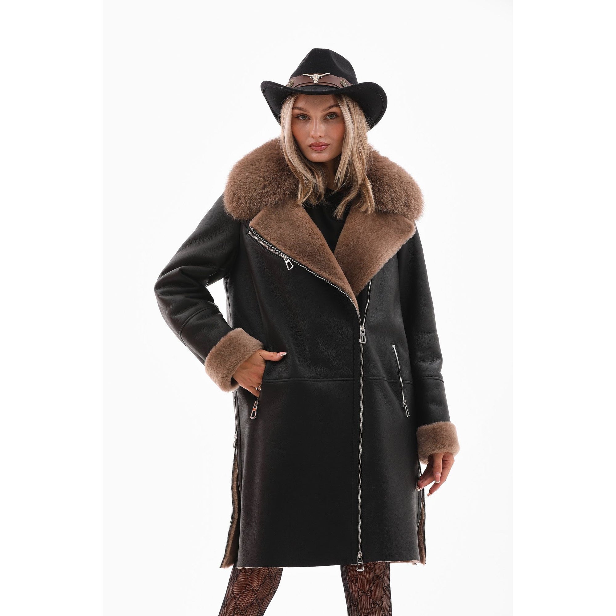 Vinci The Onyx Caramel Shearling & Fox Fur Leather Women Jacket