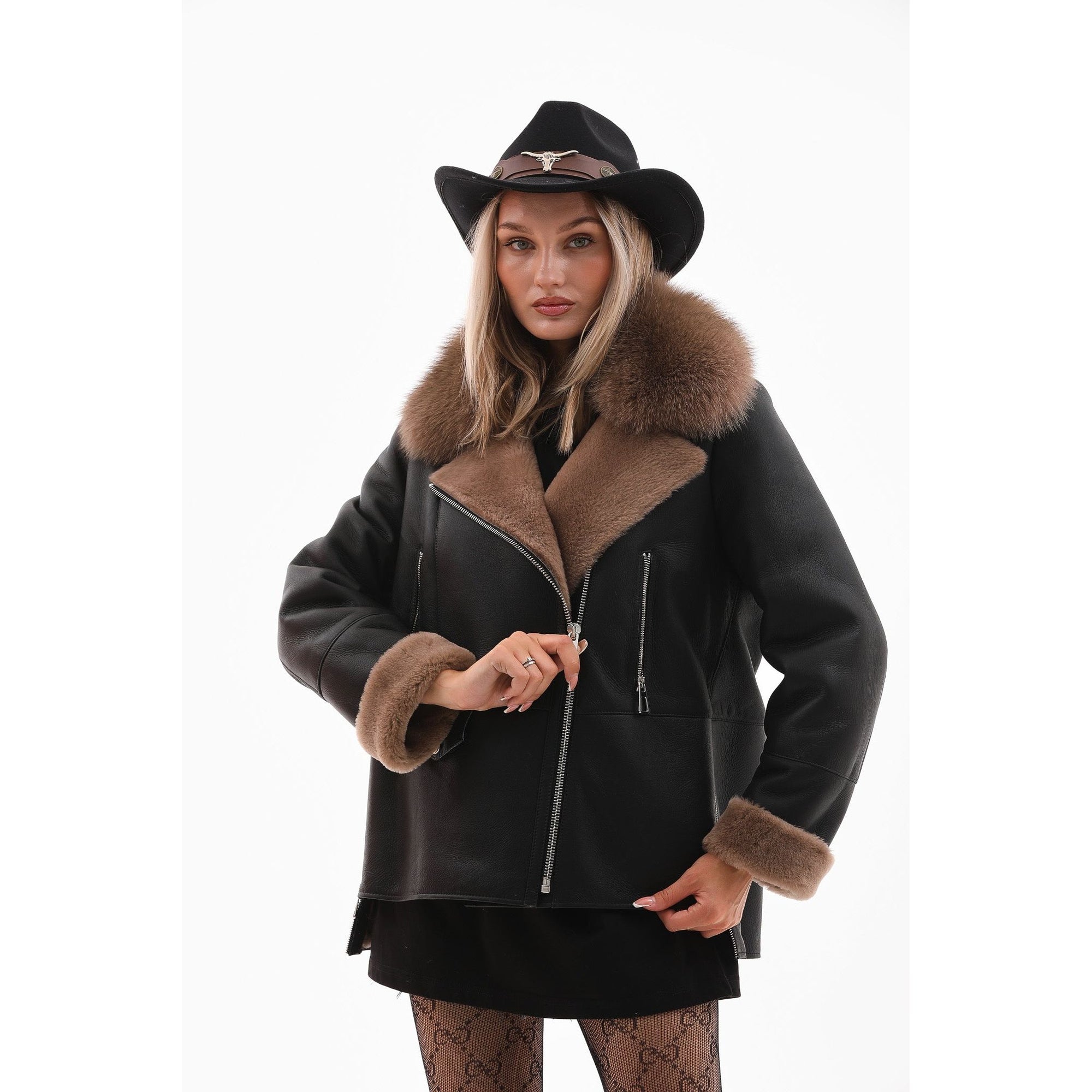 The Duchess Shearling Black & Brown Leather Women Jacket