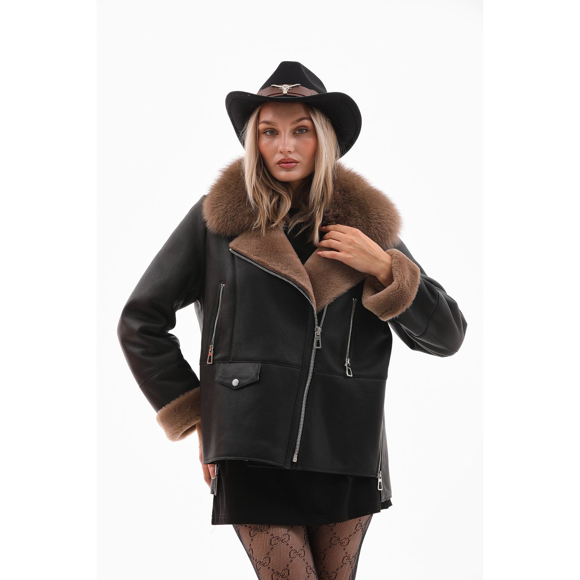 The Duchess Shearling Black & Brown Leather Women Jacket