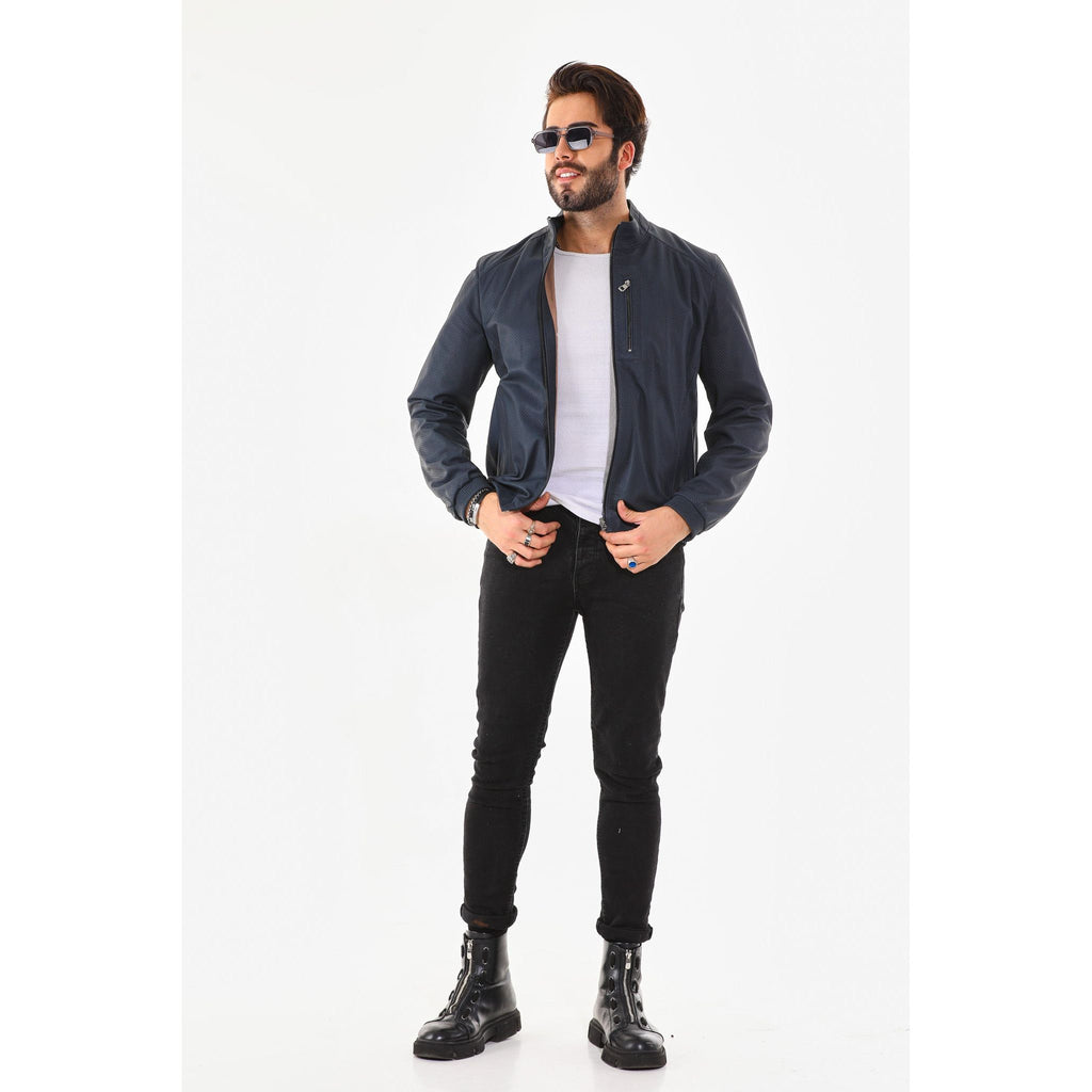Vinci The Como Navy Blue Leather Bomber Jacket