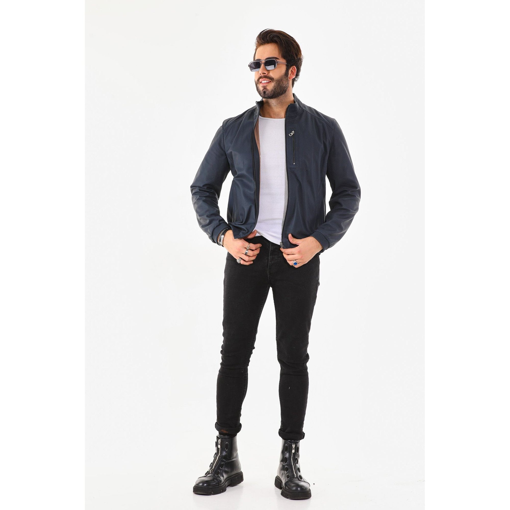 Vinci The Como Navy Blue Leather Bomber Jacket